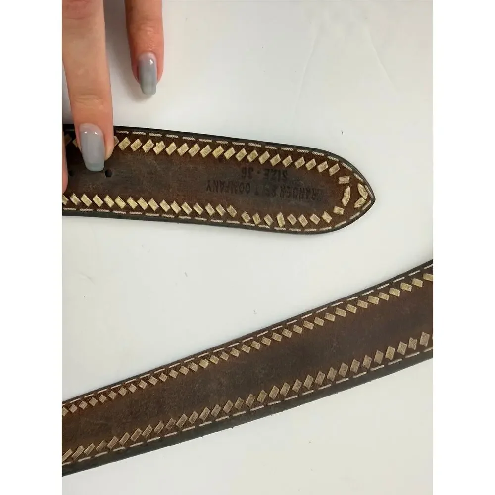 Western Ranger Belt Co Men 36 Snowflake Emboss Chesnut Rawhide Whip Stitch Edge